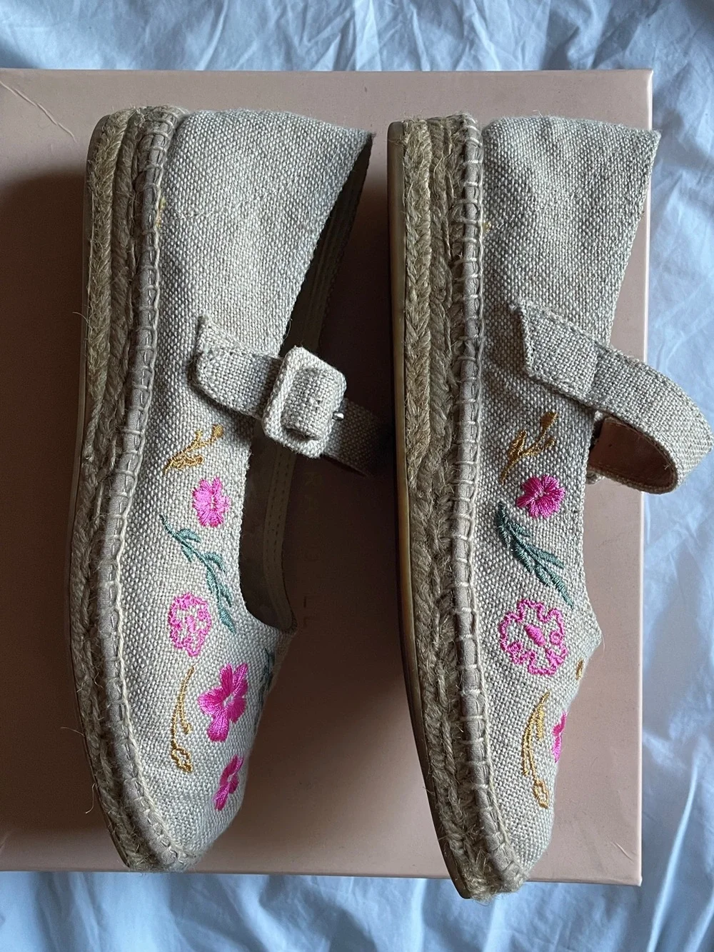 Naguisa Espadrille Mary Jane Flats with Pink Floral Embroidery